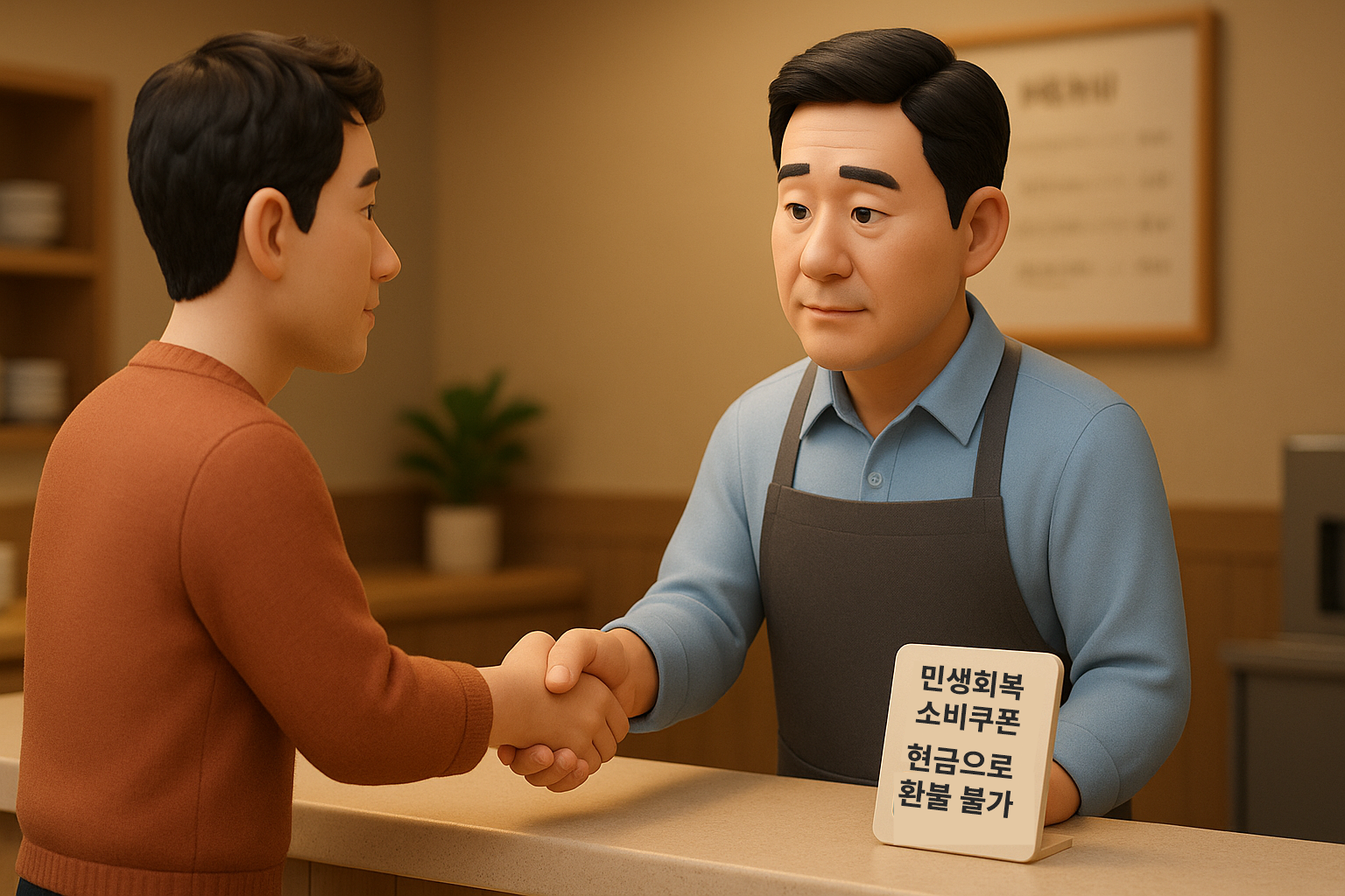 사장님과 손님이 차분하게 대화를 통해 문제를 해결하고 악수하는 모습