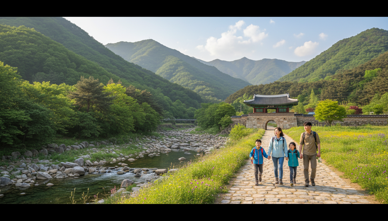 5월의 싱그러움이 가득한 문경새재 도립공원 옛길을 걷는 가족의 모습