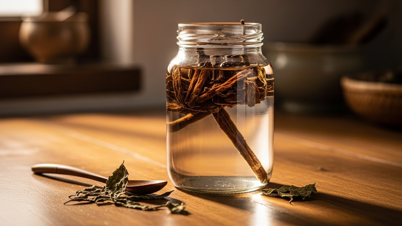 건조된-약관문-약초를-맑은-증류주에-담근-유리병을-준비-단계에서-나무-주방-카운터-위에-올려놓여져-있습니다.