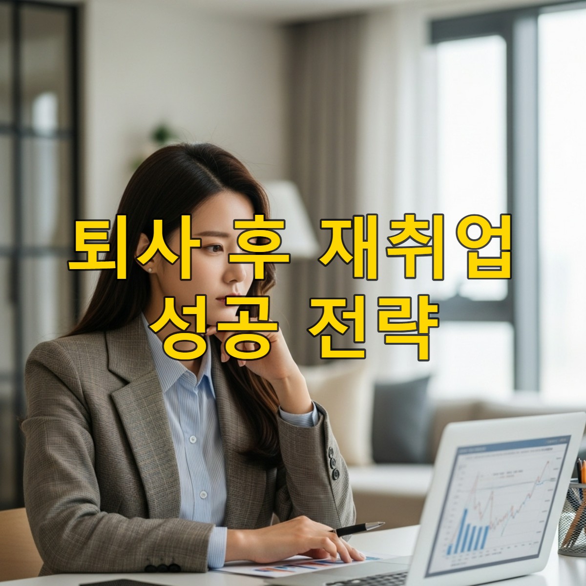 퇴사 후 재취업을 위해 재정 계획을 세우며 노트북 화면을 신중하게 바라보는 30대 한국 여성의 모습.