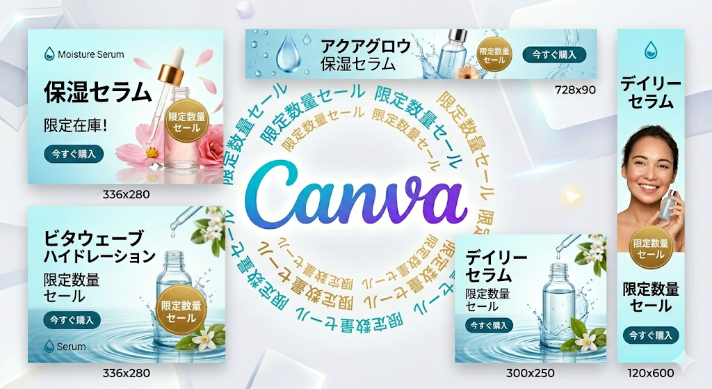 CanvaのAI機能を活用して、副業マーケティング用の広告バナーを制作している画面