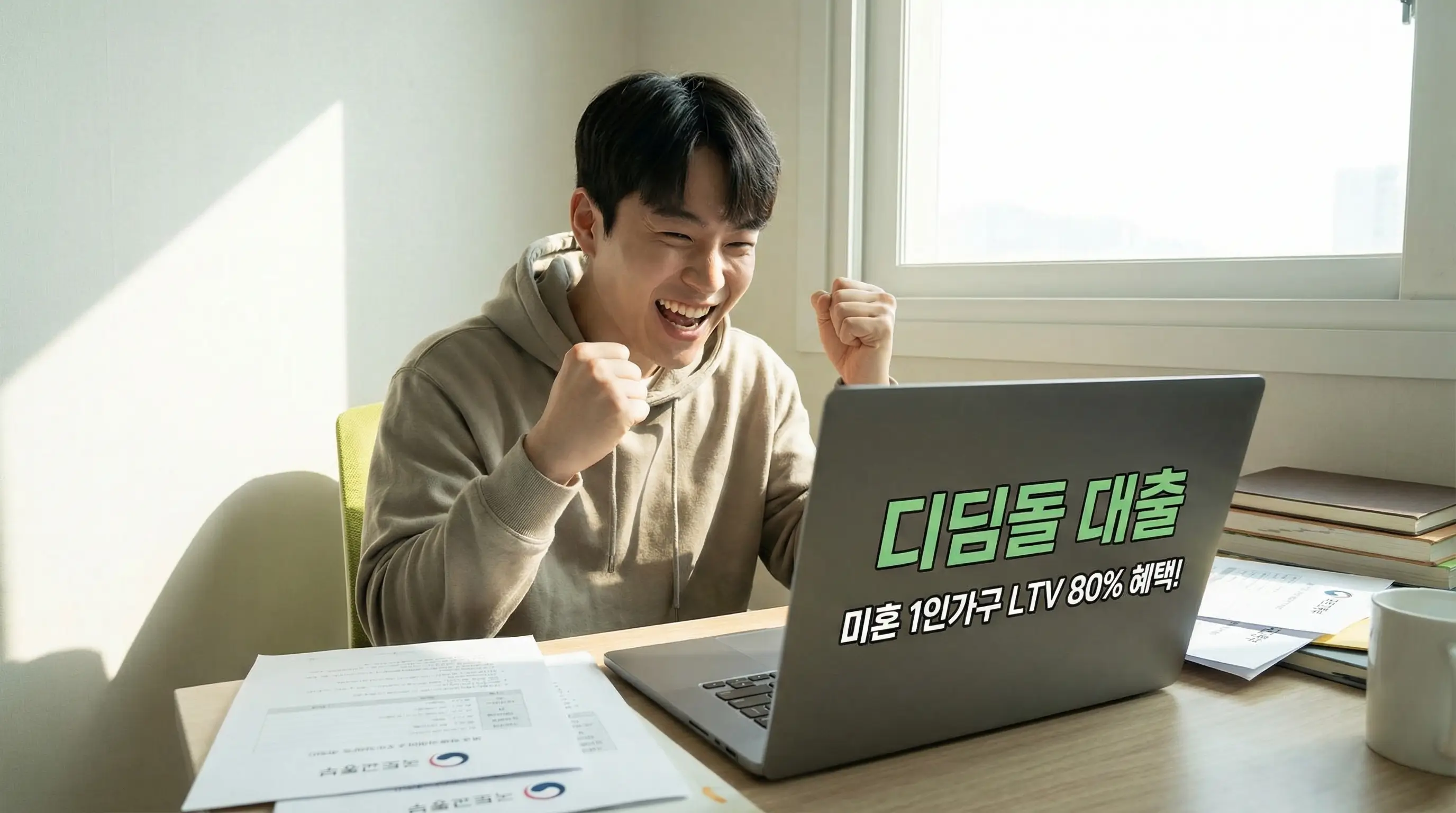 디딤돌 대출 조건을 확인하고 미혼 1인가구도 LTV 80% 혜택을 받을 수 있다는 사실에 기뻐하는 청년의 모습