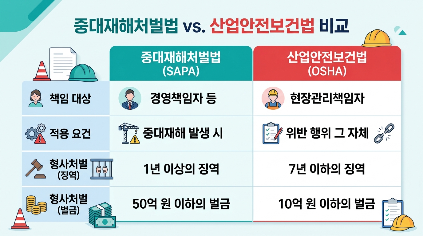 중대재해처벌법&middot;산업안전보건법 처벌 대상&middot;형량&middot;법인벌금 핵심 비교표