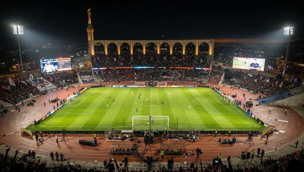 LA 메모리얼 콜리세움 야간 외관, 빛나는 조명, 웅장한 건축물