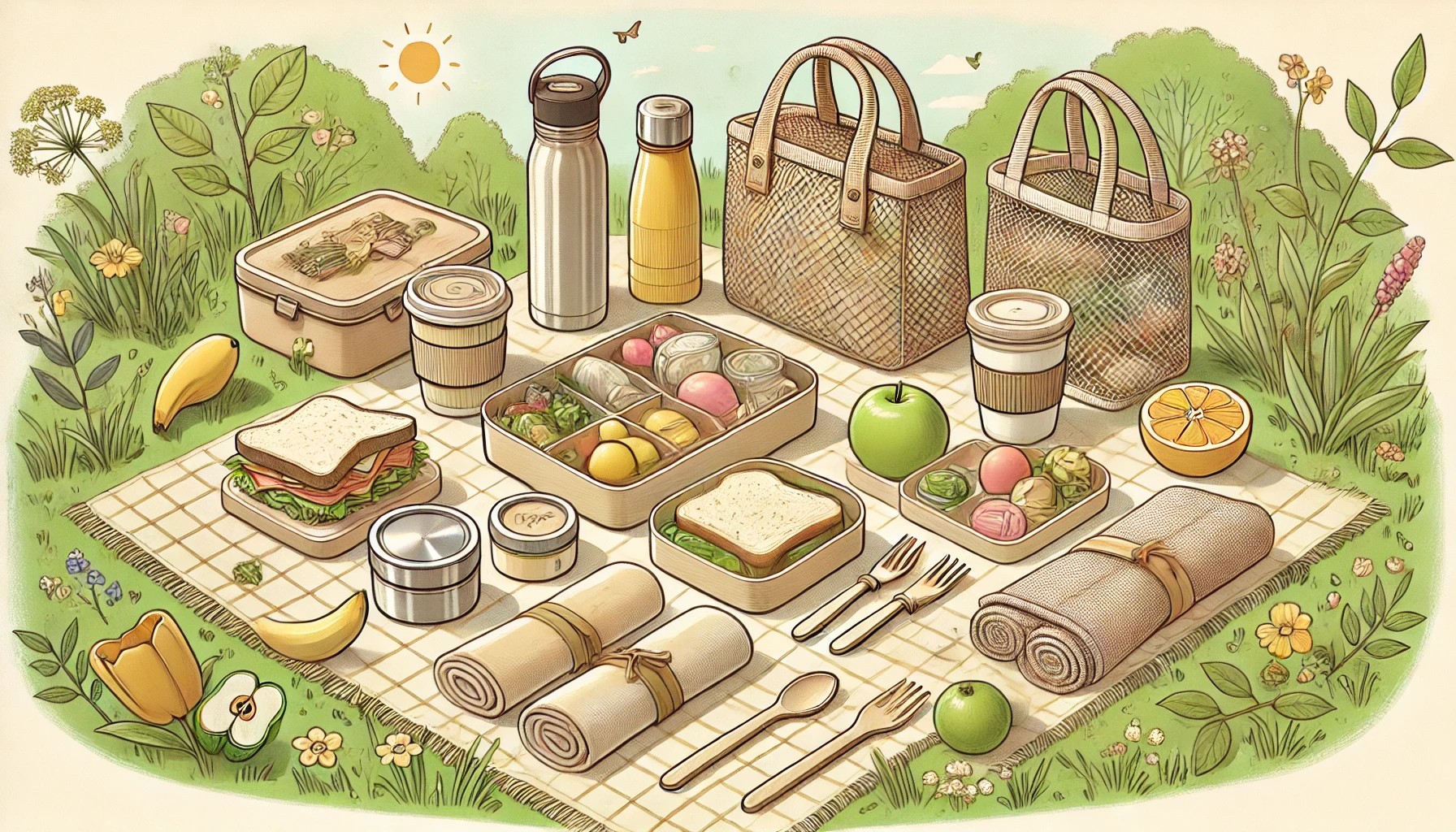 Springtime eco-friendly picnic illustration featuring reusable items and zero-waste lifestyle. Includes bamboo lunch boxes, stainless steel tumblers, beeswax food wraps, wooden utensils, fabric napkins, mesh tote bags, and fresh fruits and sandwiches.