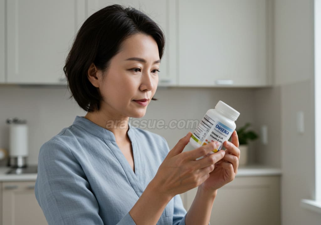 오메가-3, 비타민A, 비타민E, 아연 등이 포함된 눈 건강 영양제를 읽고 있는 한국 중년 여성. 영양제를 선택하는 장면입니다.