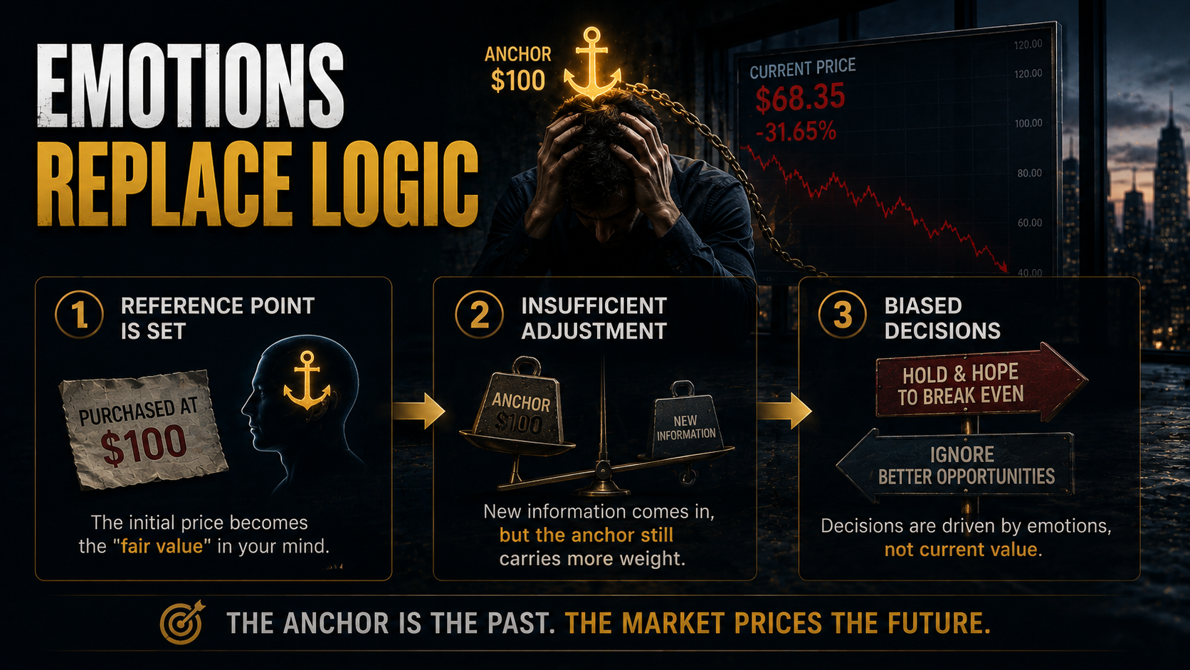 Behavioral finance diagram showing the three stages of anchoring bias: reference point, insufficient adjustment, and biased investment decisions.
