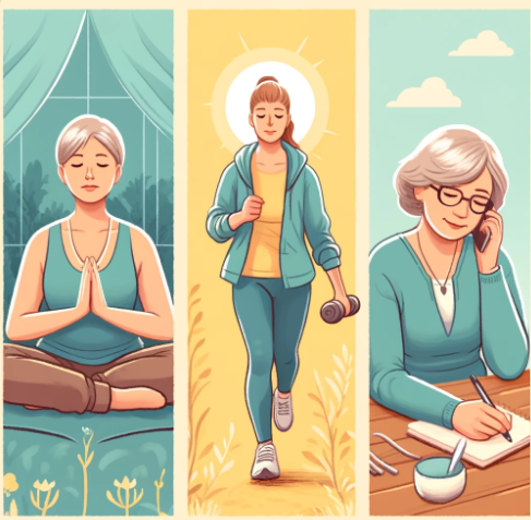 치매 보호자를 위한 스트레스 관리법
명상(왼쪽)-평화로운 공간에서 보호자가 명상이나 호흡에 집중하며 마음을 가다듬는 모습.
운동(가운데)-산책이나 가벼운 야외 운동을 통해 신체적 긴장과 감정적 스트레스를 해소하는 장면.
감정 표현(오른쪽)-보호자가 일기를 쓰거나 친구와 대화를 나누며 감정을 건강하게 표현하는 모습.