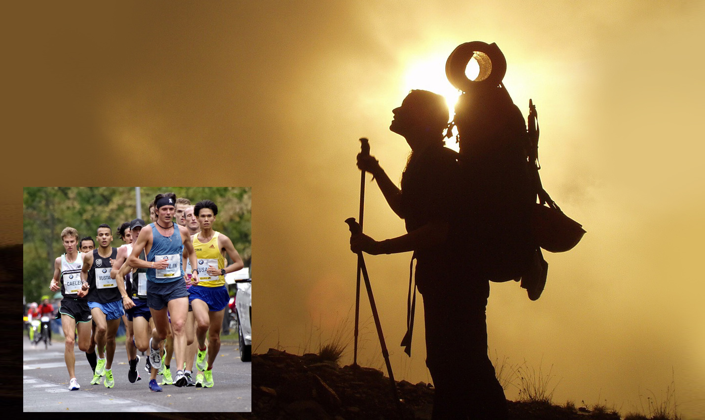 등산하며 올라가는 사람과 마라톤하는 사진