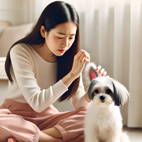 귀를 긁는 반려견의 귀 상태를 살피며 걱정하는 동양인 젊은 여성