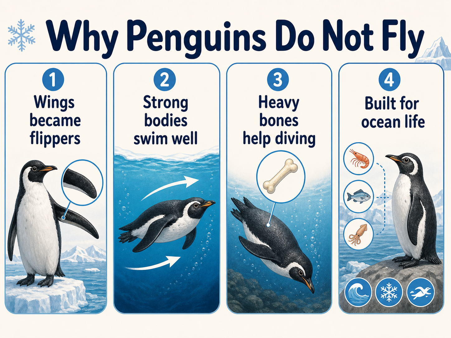 Infographic explaining why penguins do not fly