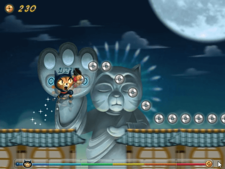 고군분투-게임하기-플레이-닌자-고양이가-지붕-위를-달리며-바닥으로-추락하지-않도록-점프하는-화면