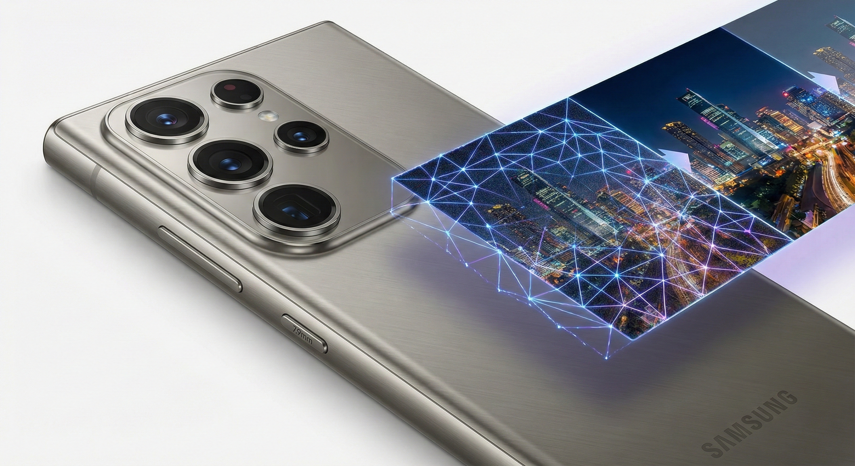 갤럭시 S26 울트라의 얇아진 측면 디자인과 AI가 야간 촬영 이미지를 실시간으로 보정하는 모습을 시각화한 렌더링 이미지