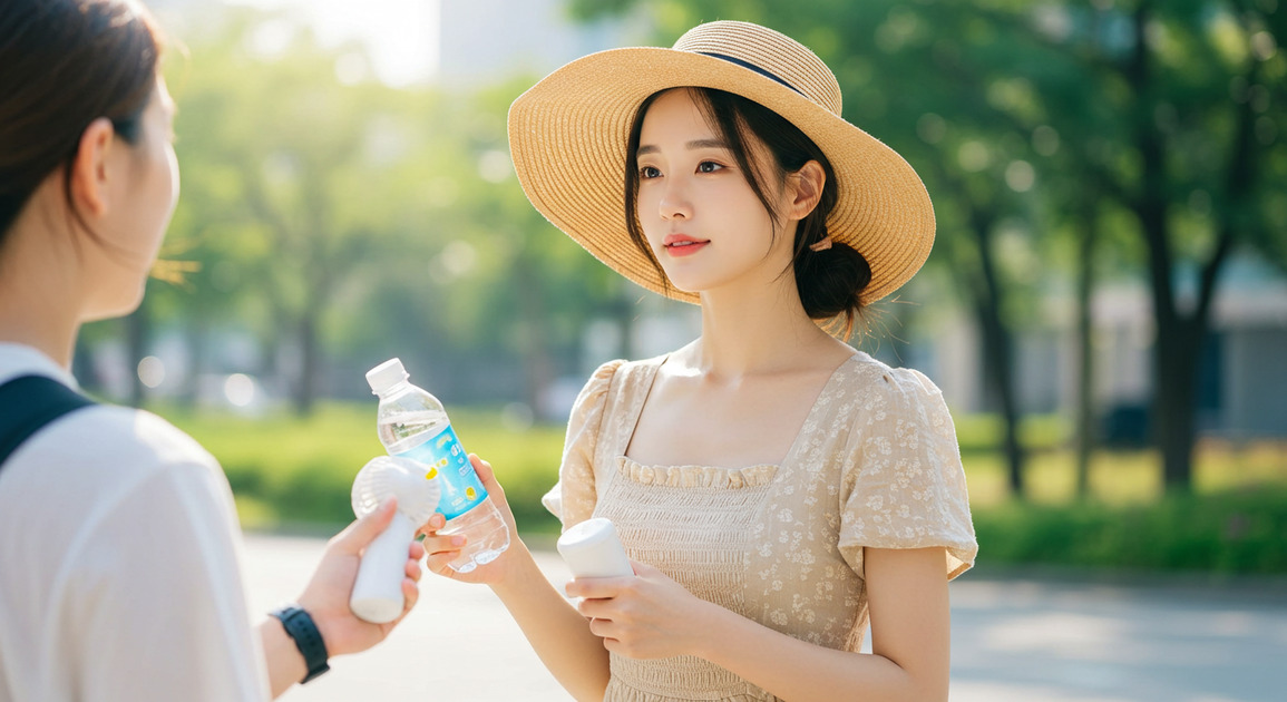 열사병 예방하려고 물 들고 다니는 여성 이미지