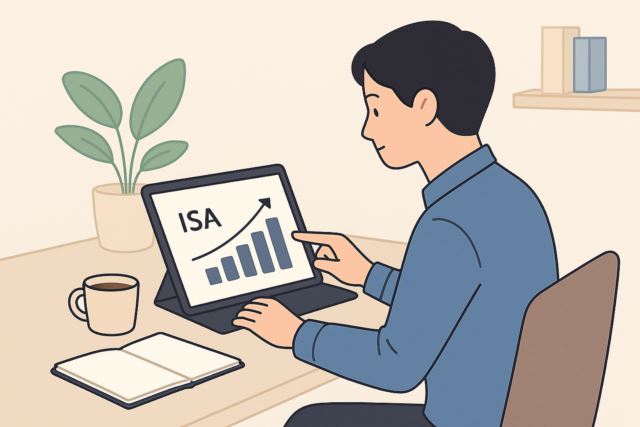 책상에 앉아 노트북이나 태블릿으로 ISA 투자 계좌를 확인하는 모습 일러스트