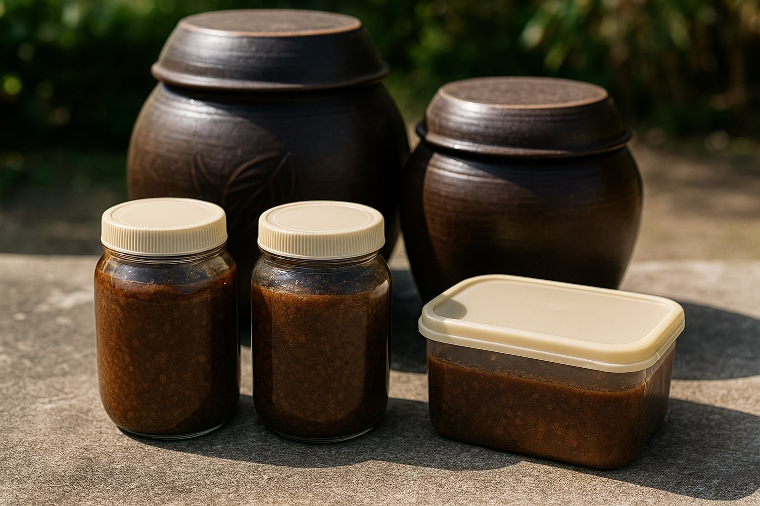 장을 장독,플라스틱 용기,유리병에 각각 담아 보관