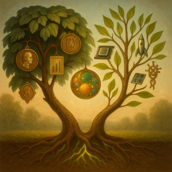 지식과 기술의 성장 과정을 상징적으로 표현한 두 그루의 나무 일러스트, 전통과 혁신의 조화를 보여주는 상징들이 달려 있음