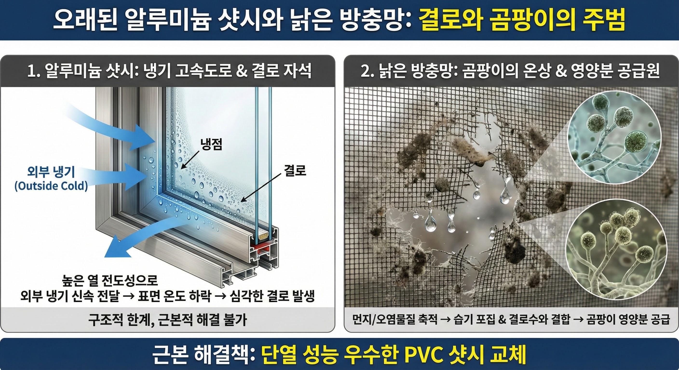오래된 알루미늄 샷시와 낡은 방충망이 결로/곰팡이를 키우는 이유 (샷시 교체 시기)