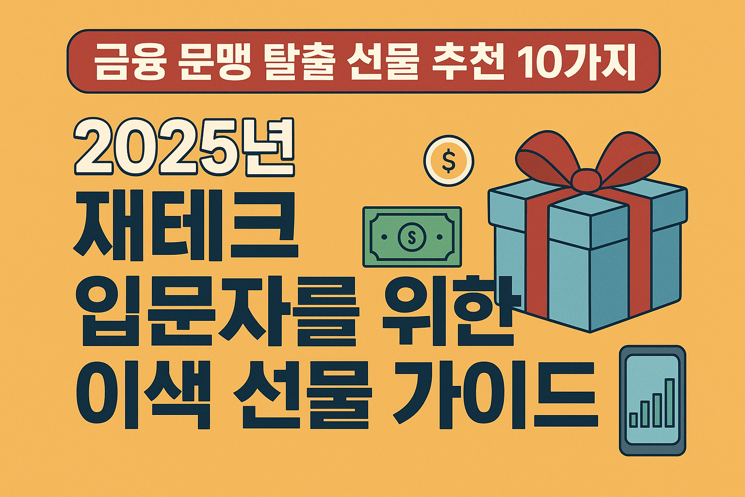 2025년 재테크 입문자를 위한 이색 선물 가이드 &ndash; 금융 문맹 탈출 선물 추천 10가지"라는 문구와 선물 상자, 돈, 그래프 아이콘이 있는 일러스트 디자인