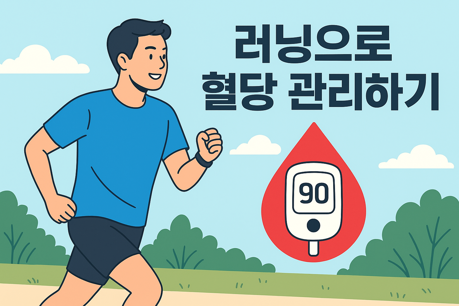 푸른 운동복을 입은 남성이 공원에서 러닝을 하는 모습을 그린 일러스트. 오른쪽에는 혈당 수치 90이 표시된 혈당계 아이콘과 함께 &lsquo;러닝으로 혈당 관리하기&rsquo;라는 문구가 적혀 있어, 달리기를 통한 혈당 관리의 중요성을 시각적으로 표현하고 있다.