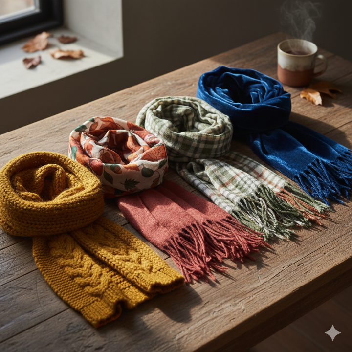 다양한 소재의 가을 스카프가 나란히 놓여 있는 모습