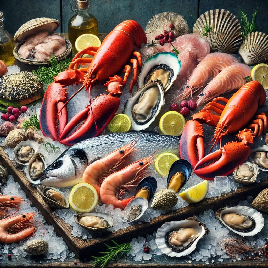 얼음 위에 진열된 신선한 새우, 바닷가재, 굴, 조개, 홍합, 연어, 게 등 다양한 해산물과 레몬 조각 및 허브로 꾸며진 해산물 디스플레이