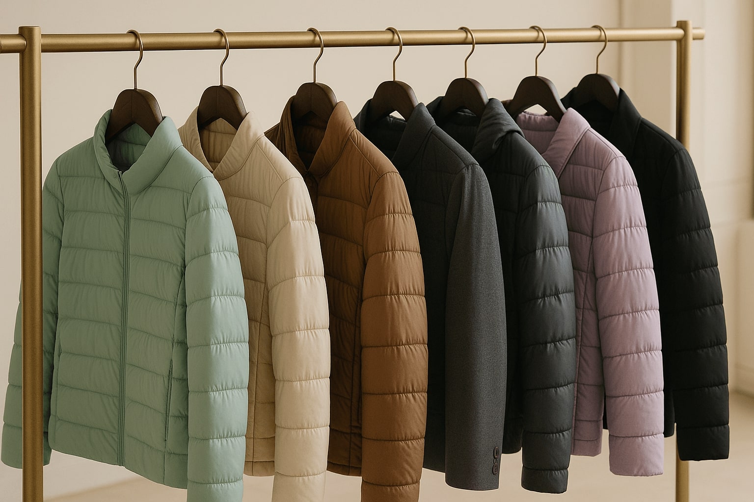 쇼룸 옷걸이에 걸린 다양한 소재와 컬러의 경량패딩