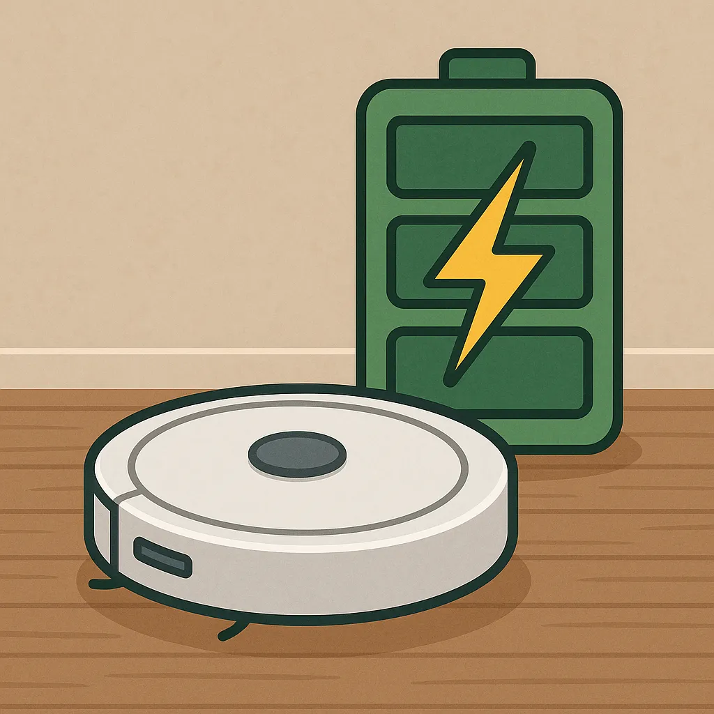 로봇청소기-배터리를-오래-쓰는-팁을-상징적으로-표현한-일러스트-이미지로-바닥을-청소하는-로봇청소기와-배터리-아이콘을-묘사