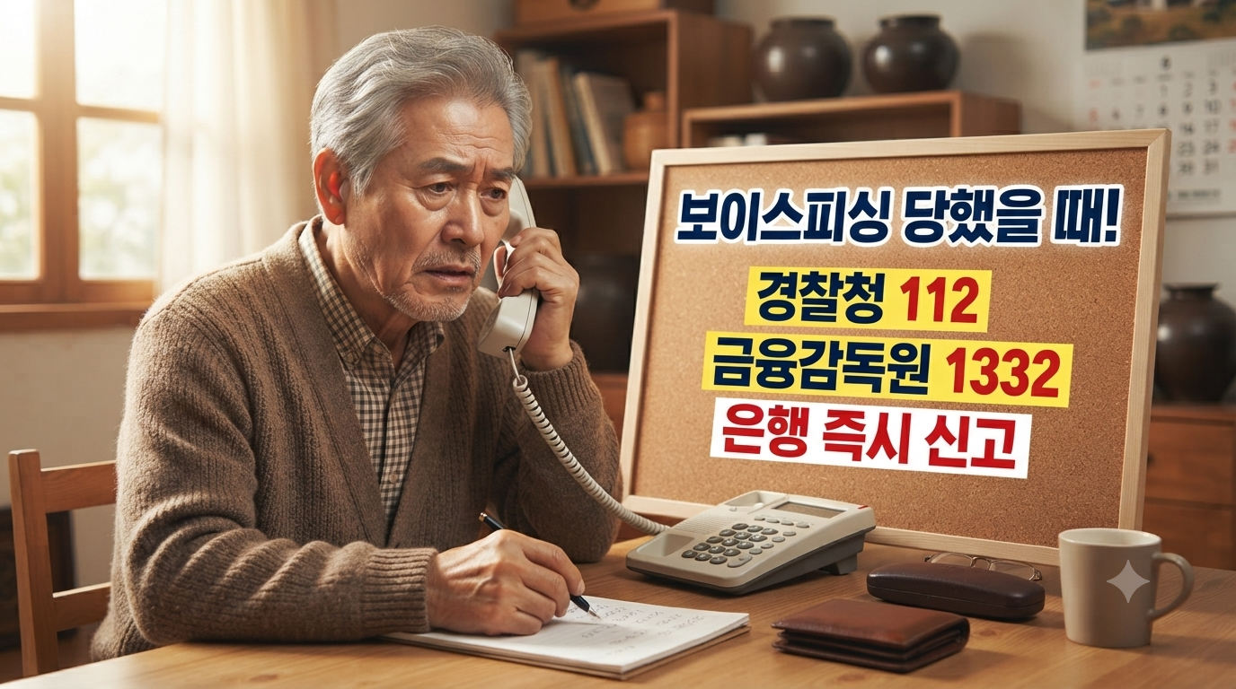 어르신이 불안한 모습으로 보이스피싱 신고전화를 하는모습