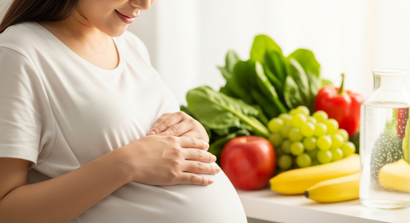 임신부가 아기 배를 부드럽게 쓰다듬으며 건강한 식단과 영양 관리를 실천하는 모습.