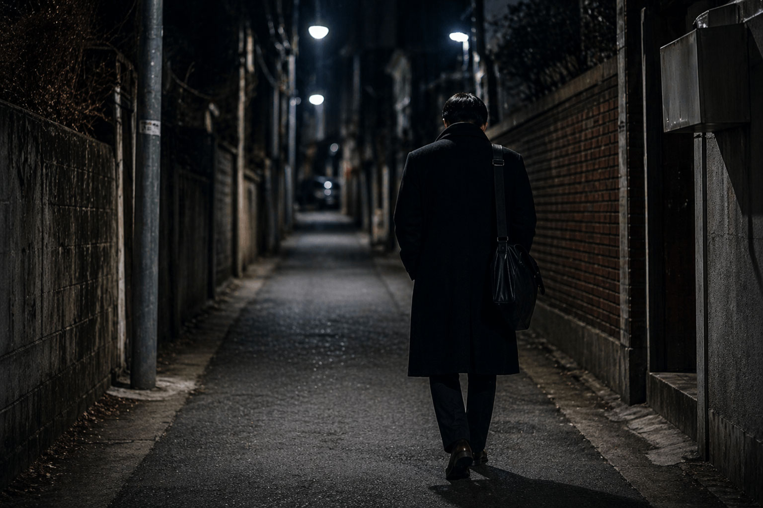어두운 골목길에서 검정 코트를 입은 회사원 남성이 어깨에 가방을 메고 혼자 걸어가는 뒷모습으로, 조용하고 쓸쓸한 도시의 밤 분위기를 담은 이미지