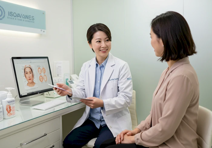 피부과 의사가 환자와 마주 앉아 피부 상태에 대해 설명하며 상담하는 전문적이고 차분한 분위기의 모습.