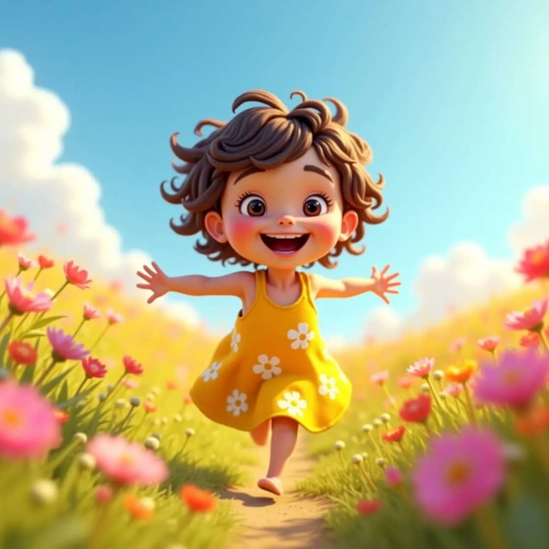 Flux Dev 모델로 생성된 들꽃 들판에서 달리는 소녀 캐릭터 이미지. 이 이미지는 과장된 눈과 밝은 색상 톤이 특징인 Flux Dev 모델의 픽사풍 스타일을 시각적으로 전달하며, 블로그의 Leonardo AI 모델 비교 주제와 관련된 내용을 설명함 (flux dev model, cartoon look, bright colors)