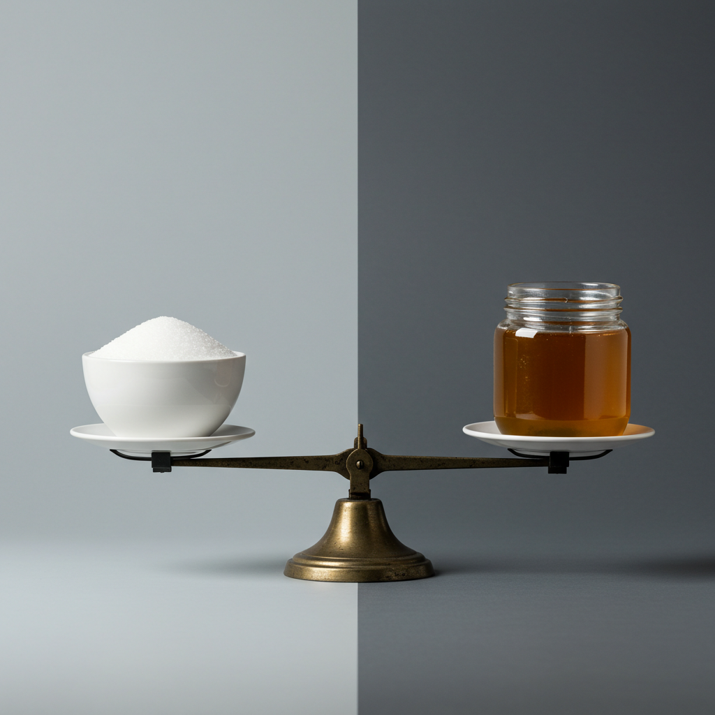오래된 저울의 양쪽에 설탕 그릇과 꿀단지가 놓여 정확히 균형을 이루고 있는 모습. 꿀과 설탕이 혈당에 미치는 영향이 다르지 않음을 상징하는 이미지.