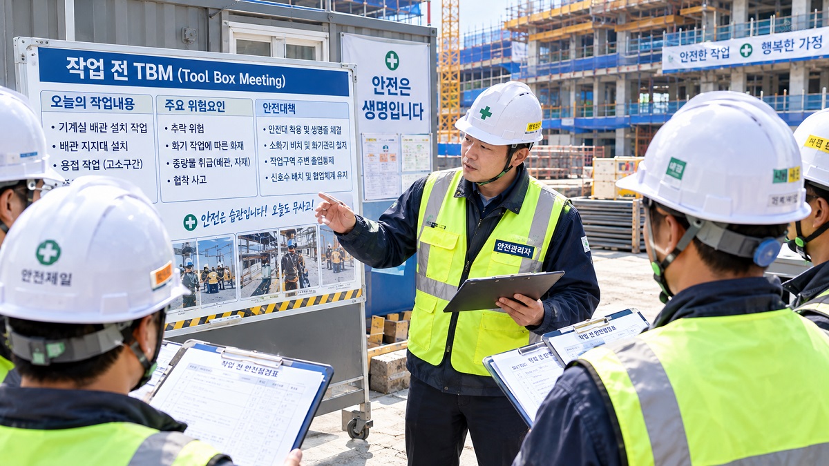 건설현장에서 안전관리자가 근로자에게 작업 전 안전교육을 실시하는 모습