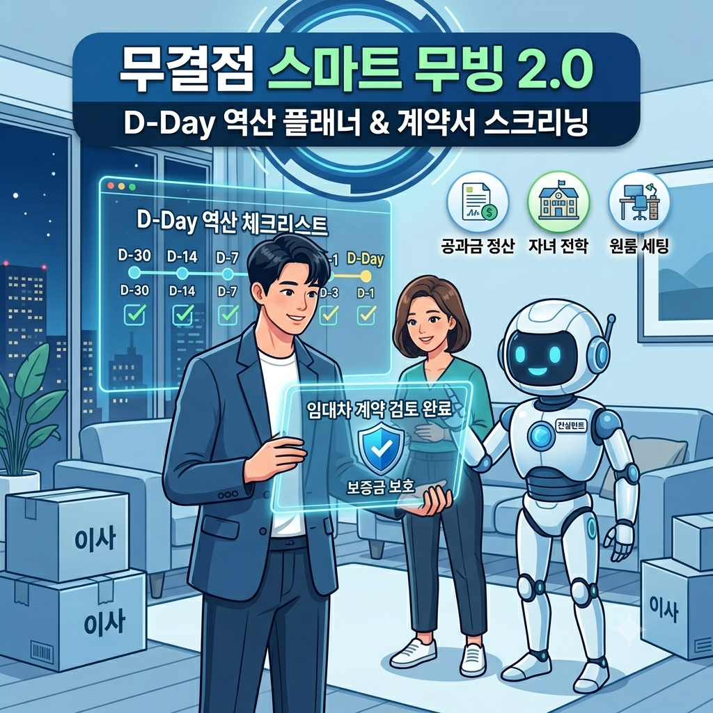 스마트폰 타임라인과 계약서 스크리닝 기능으로 이사 역산 체크리스트와 보증금 사수를 지원하는 AI 로봇의 모습을 담은 대표 섬네일 이미지입니다.