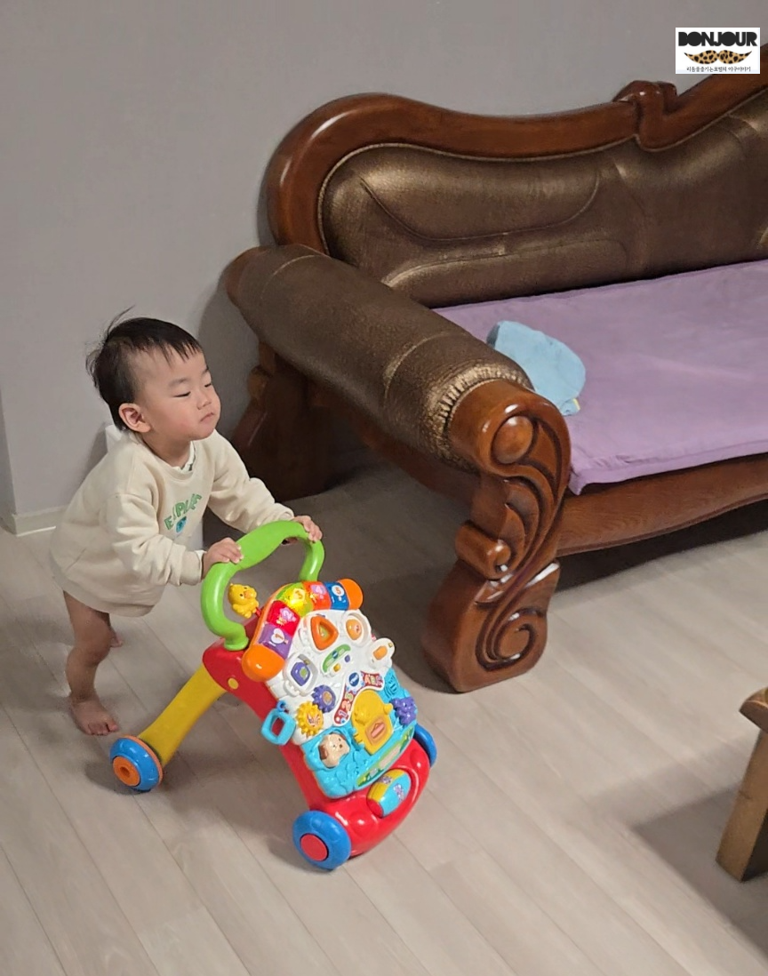 18개월 아기 걸음마 카트 보조기 밀고 걷기 연습
