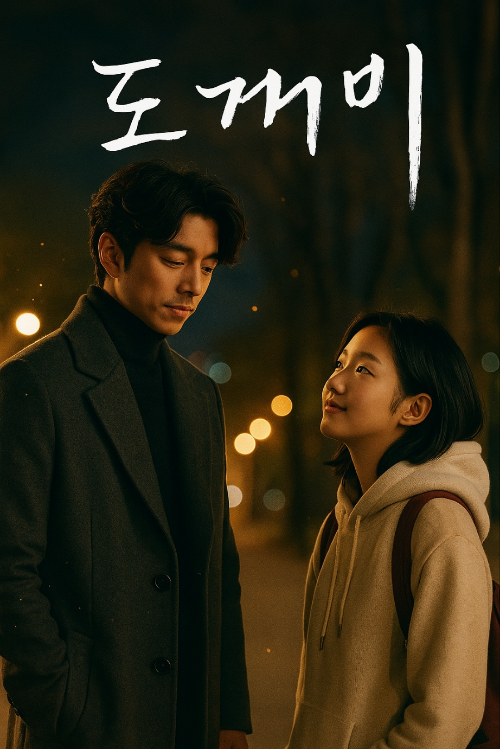 도깨비의 정체를 숨긴채 인간의 모습으로 변해있는 왼쪽 남성과 그의 얼굴을 바라보고 있는 왼쪽 여성의 모습