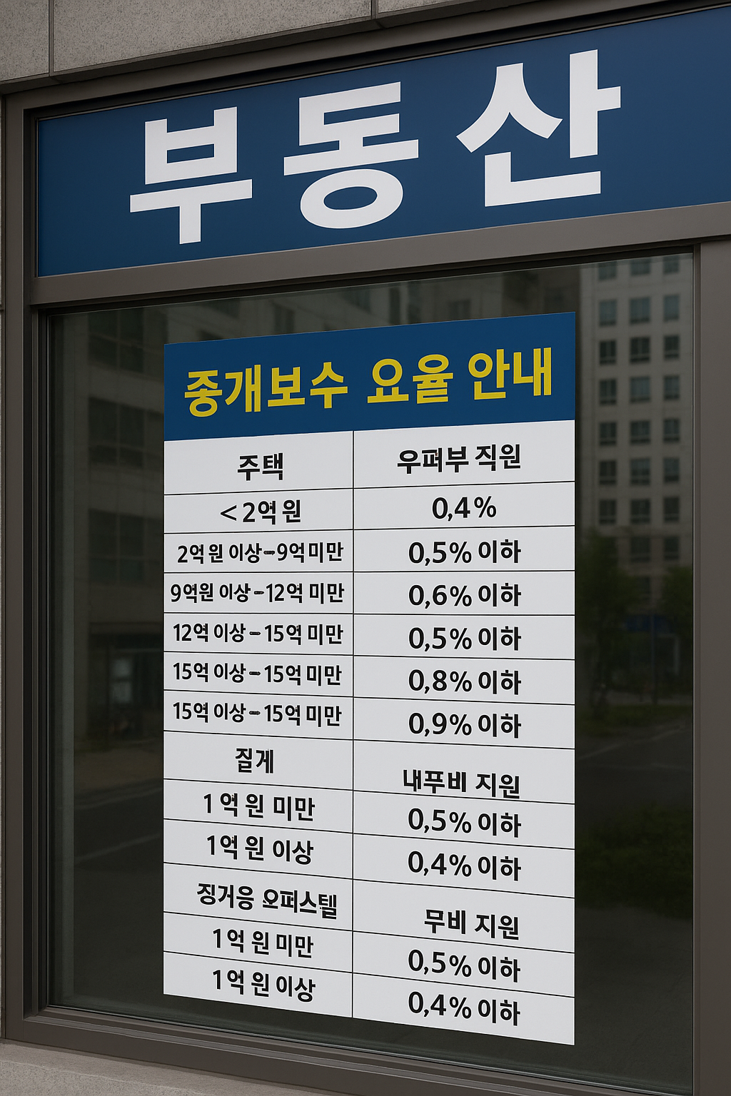부동산 중개업소 앞에 복비 요율 안내문이 붙은 모습