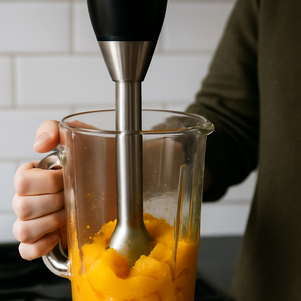 단호박이 완전히 익으면 블렌더로 곱게 갈아줍니다.