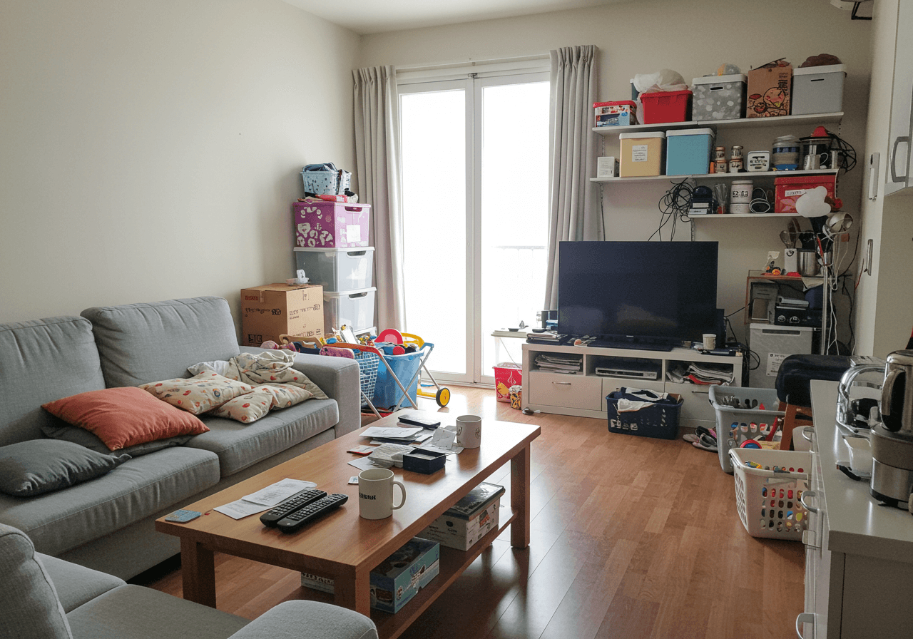생활감 있는 한국 아파트 거실, 소파와 원목 테이블 위에 리모컨·각종 고지서·머그컵이 놓여 있고 장난감 바구니와 오픈 선반 수납이 뒤섞여 다소 어수선하지만 청소는 된 상태