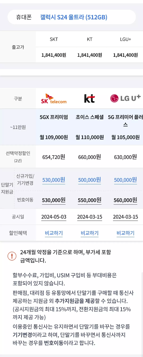 스마트초이스+갤러시+S24+울트라(512GB)+선택약정할인+단말기지원금+조회결과