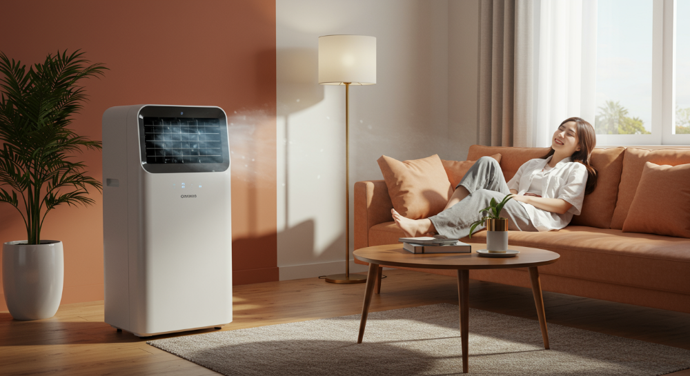 테라코타 톤의 거실에서 시원한 바람을 내뿜는 현대적인 이동식 에어컨과 편안하게 휴식하는 사람의 모습
