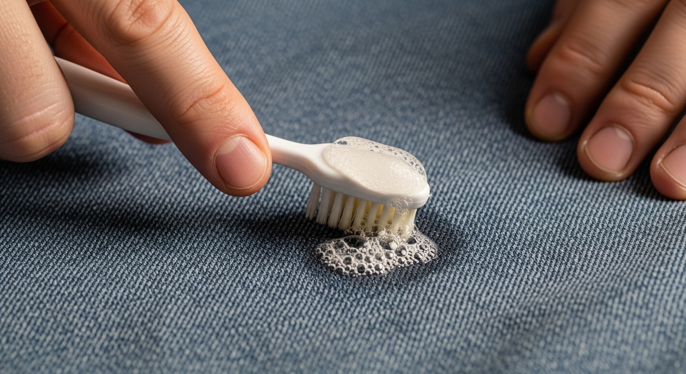 청바지에 묻은 기름 얼룩에 주방세제를 바르고 칫솔로 문지르는 모습.