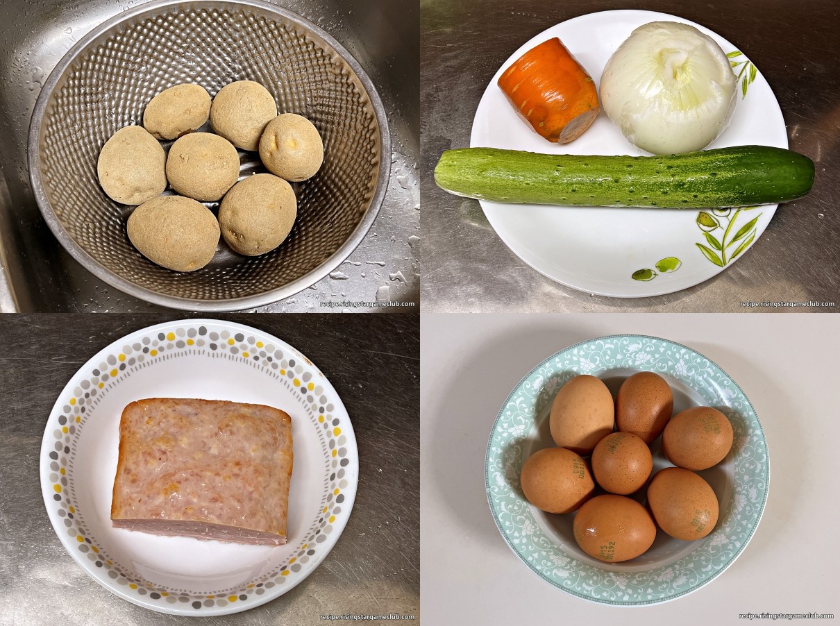 샐러드 빵 (사라다 빵) 재료 감자 7알(중간 사이즈), 당근 1/3개, 양파 1개, 오이 1개, 계란 7알, 햄 200g