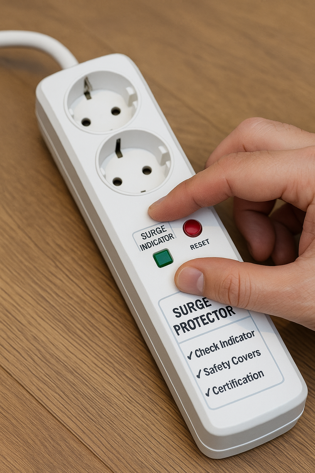 서지 보호 멀티탭의 상태 표시등과 리셋 버튼을 손으로 점검하는 모습