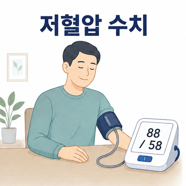 디지털 혈압계에 88/58mmHg이 표시된 모습을 통해 일반적인 저혈압 수치를 설명한 이미지