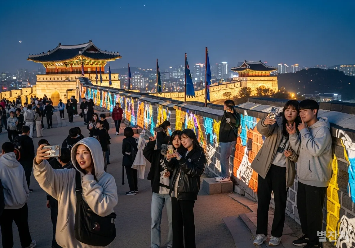 화려한 조명과 미디어 아트로 빛나는 수원 화성 야경과 즐거워하는 사람들
