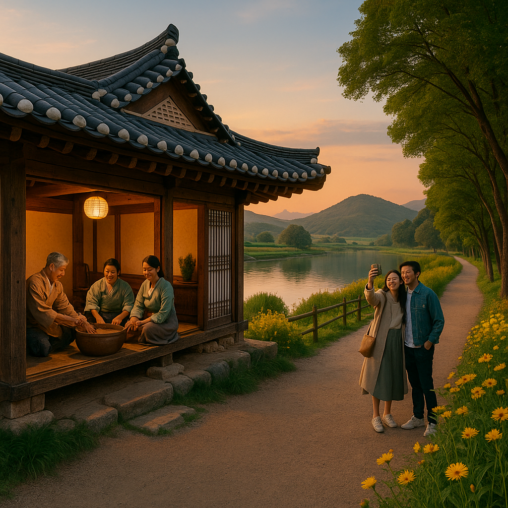 전통주막 테마길의 따사로운 노을, 한옥에서 ‘막걸리 빚기’ 체험 중인 참가자들, 그리고 강변 산책길에서 인생샷을 남기는 커플을 한 장면에 담았습니다.