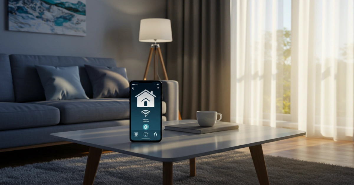 스마트 조명과 자동 커튼이 적용된 현대적인 거실 인테리어